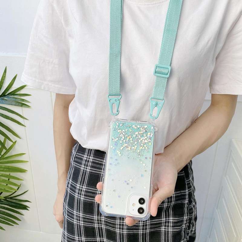 For iPhone 15 Gradient Glitter Epoxy TPU Thickened Acrylic Phone Case with Wide Lanyard(Purple)
