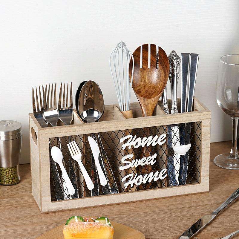 Kitchen Wooden Tableware Cutlery Storage Box(29.5x8x15cm)