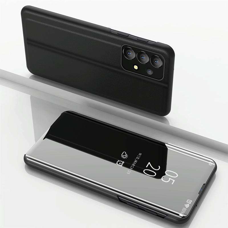 For Samsung Galaxy A73 5G Plated Mirror Flip Leather Case with Holder(Black)