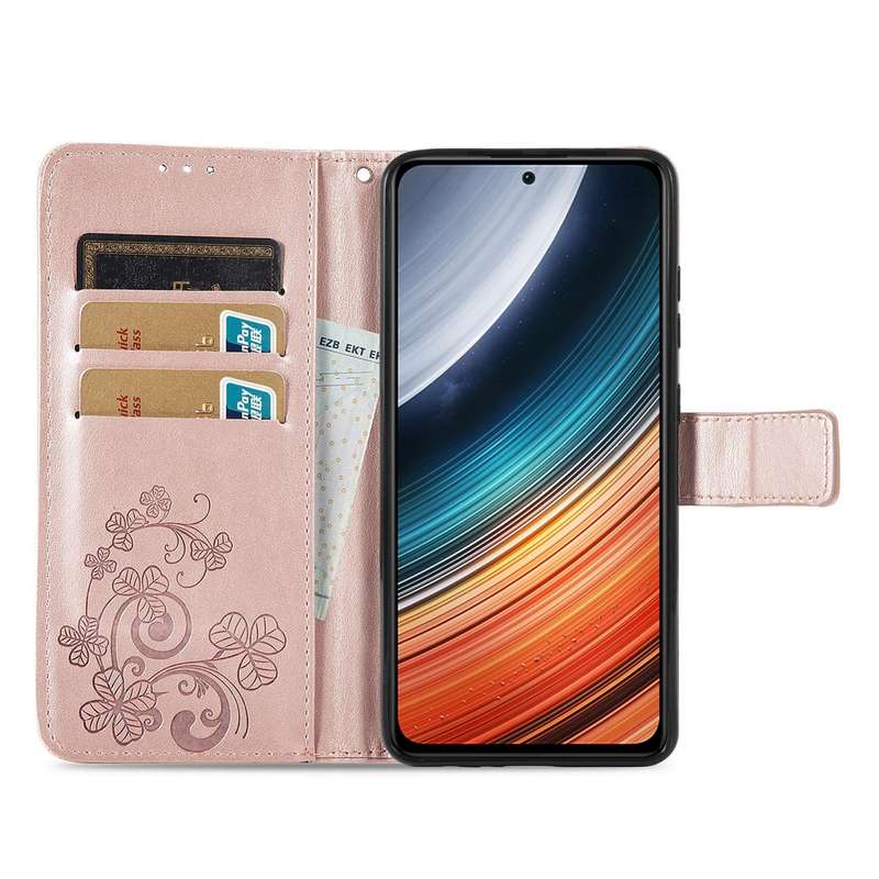 For Xiaomi Redmi K40S Four-leaf Clasp Embossed Buckle Leather Phone Case(Rose Gold)