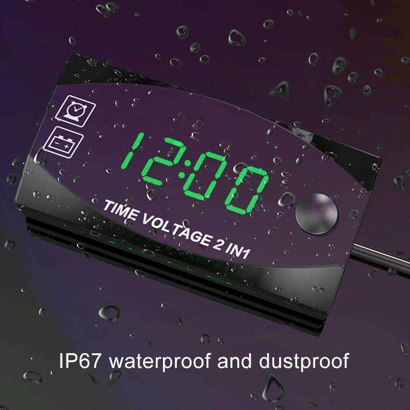 Motorcycle Multi-functional 2 in 1 Digital Display Voltmeter + Electronic Clock, 6-30V IP67 (Gree...