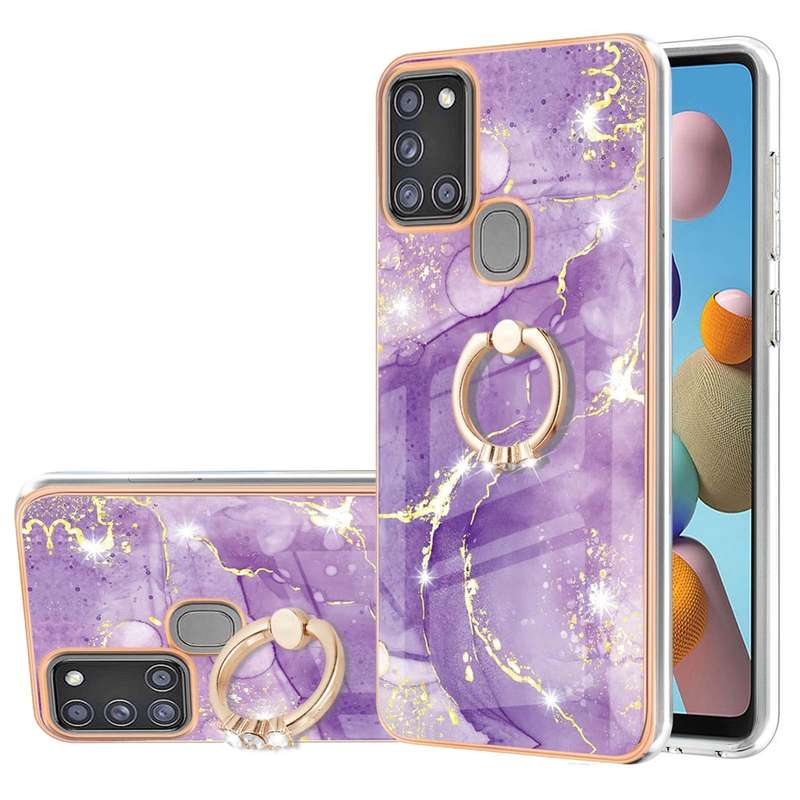 For Samsung Galaxy A21s Electroplating Marble Pattern IMD TPU Shockproof Case with Ring Holder(Pu...