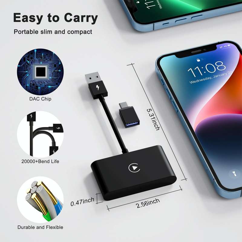 USB + USB-C / Type-C Wired to Wireless Carplay Adapter for iPhone(Black)