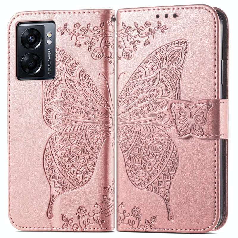 For OPPO A77 Butterfly Love Flower Embossed Flip Leather Phone Case(Rose Gold)