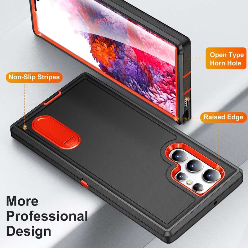 For Samsung Galaxy S22 Ultra 5G 3 in 1 Rugged Holder Phone Case(Black+Orange)