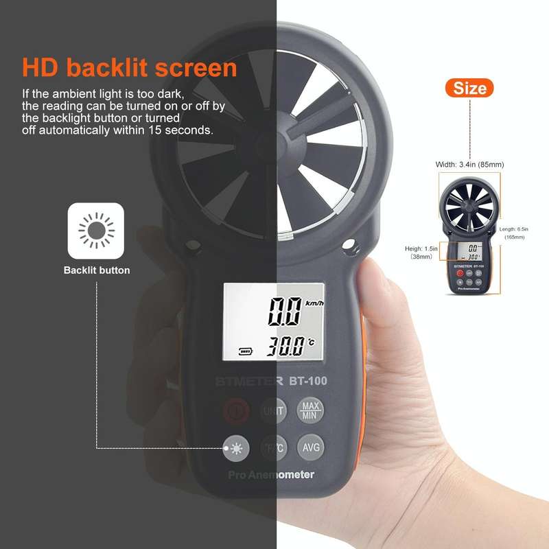 BT-100 Handheld Anemometer Wind Speed Wind Chill Temperature Measuring Instrument(Black)