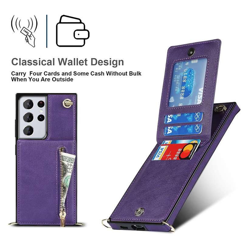 For Samsung Galaxy S21 Ultra 5G Cross-body Zipper Square TPU+PU Back Cover Case with Holder & Car...