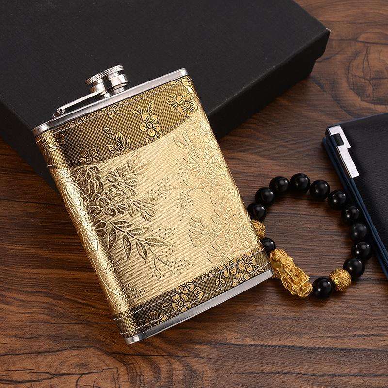 Portable Stainless Steel Hip Flask Set With Wine Glass Funnel, Style: 7OZ Black Leather Old Man Gray