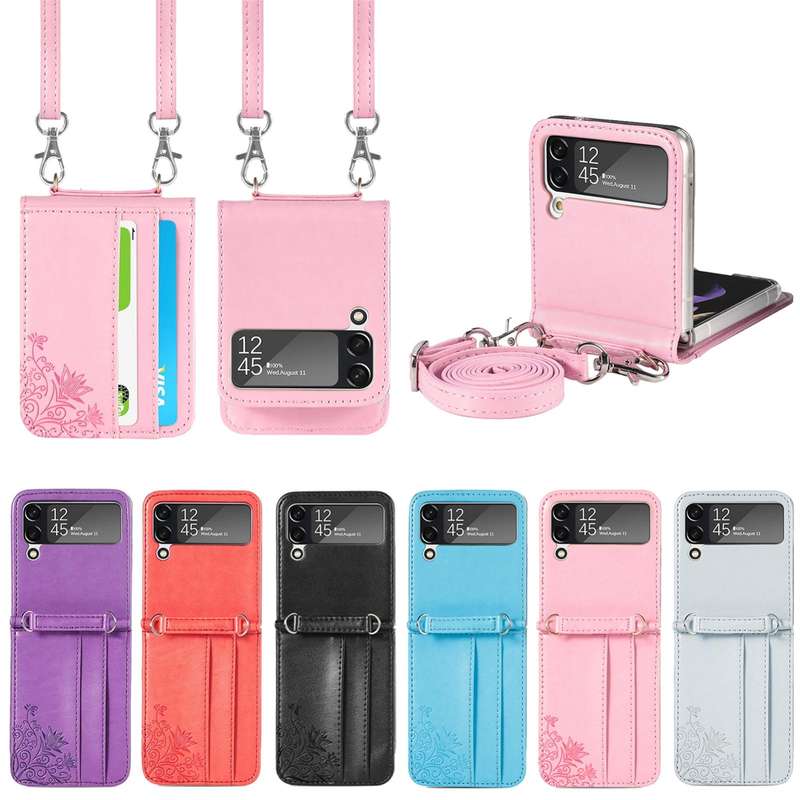 For Samsung Galaxy Z Flip 5G Diagonal Lanyard Embossed Card Phone Case(Blue)