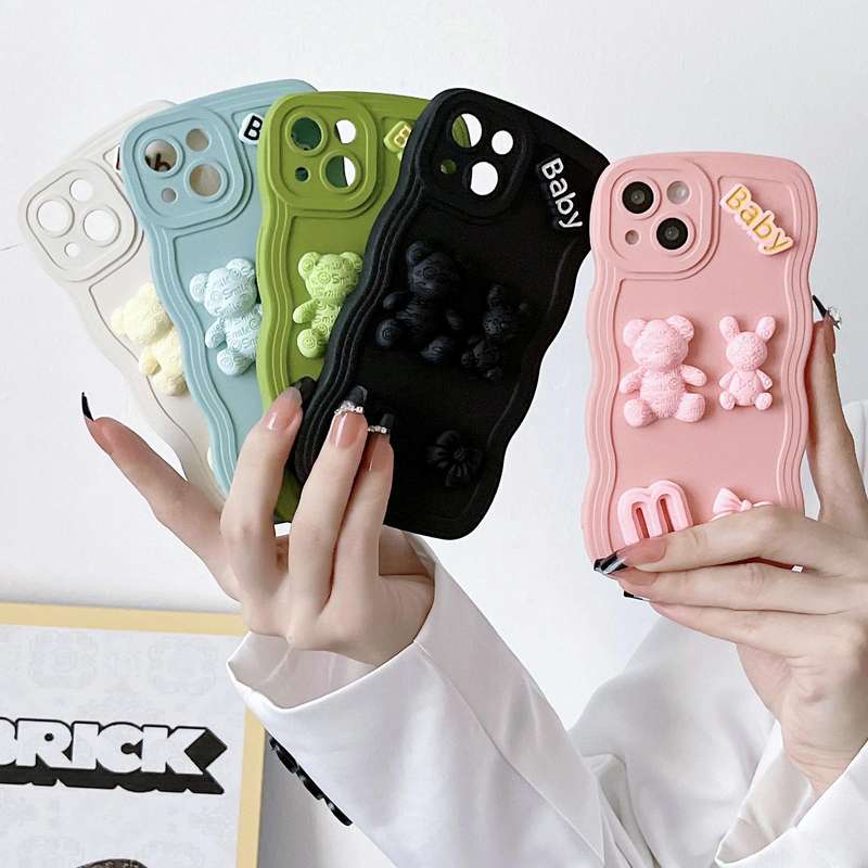 For iPhone 13 Pro Wave Edge 3D M Bear Bunny Silicone Phone Case(White)