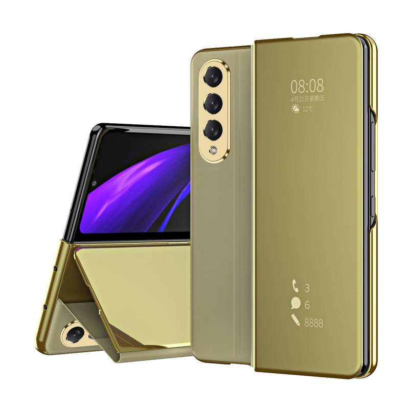 For Samsung Galaxy Z Fold3 Accurate Hole Horizontal Flip Mirror Shockproof Phone Case(Gold)