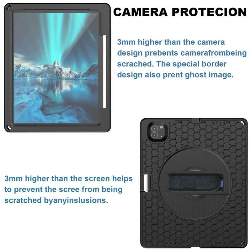 For iPad Pro 12.9 inch 2019 / 2021 / 2022 360 Rotation Stand EVA Hard PC Tablet Case with Strap(B...