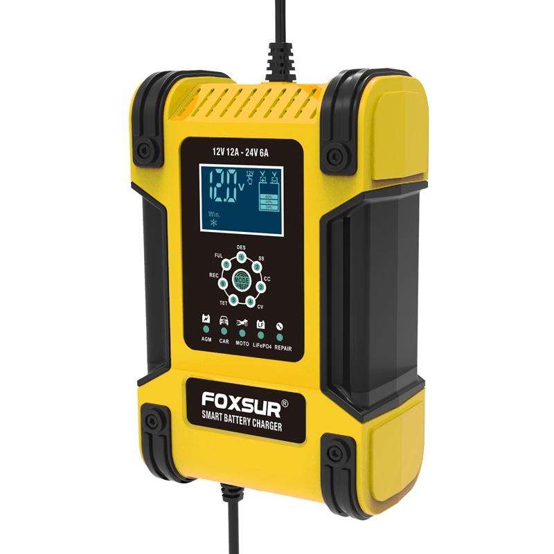 FOXSUR 12A / 12V / 24V Car / Motorcycle 7-stage Lead-acid Battery AGM Charger, Plug Type:EU Plug(...