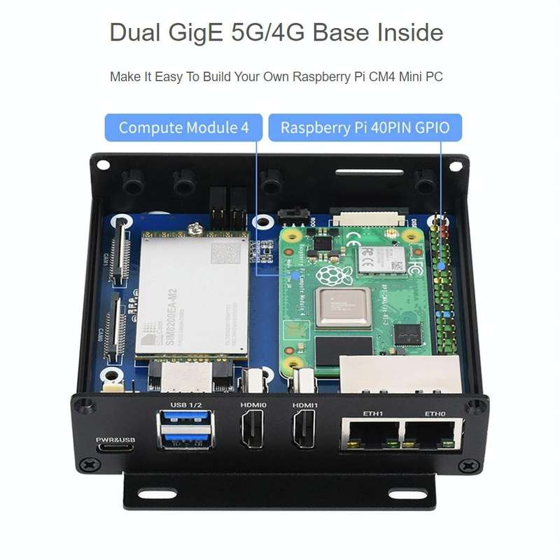 Waveshare Dual Gigabit Ethernet 5G/4G Computer Box with Cooling Fan for Raspberry Pi CM4(US Plug)