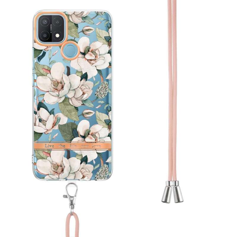 For OPPO A15 / A15S Flowers Series TPU Phone Case with Lanyard(Green Gardenia)