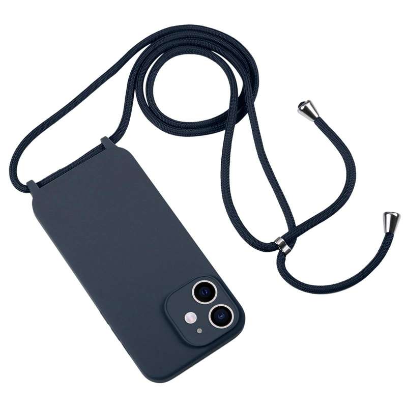 For iPhone 12 Crossbody Lanyard Liquid Silicone Case(Midnight Blue)