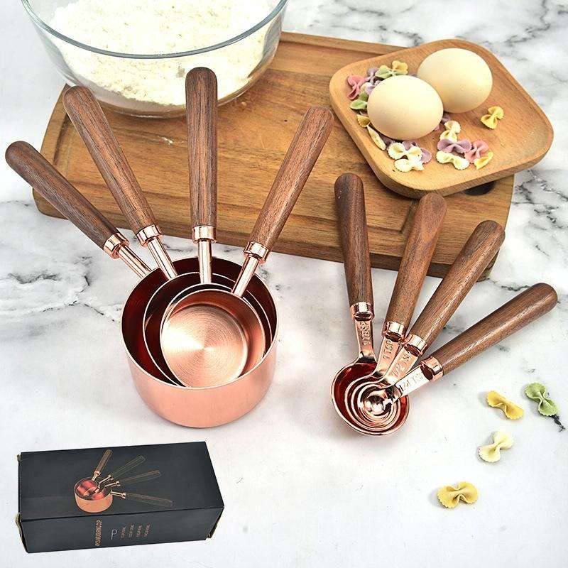 4 PCS / Set Measuring Cup Walnut Handle Copper-Plated Kitchen Baking Tools Bartender Scale Measur...