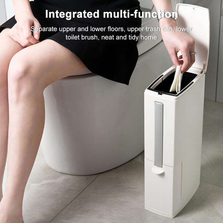Bathroom Toilet Toilet Brush Integrated Pressing Open Lid Square Trash Can Set with Brush(Ivory W...