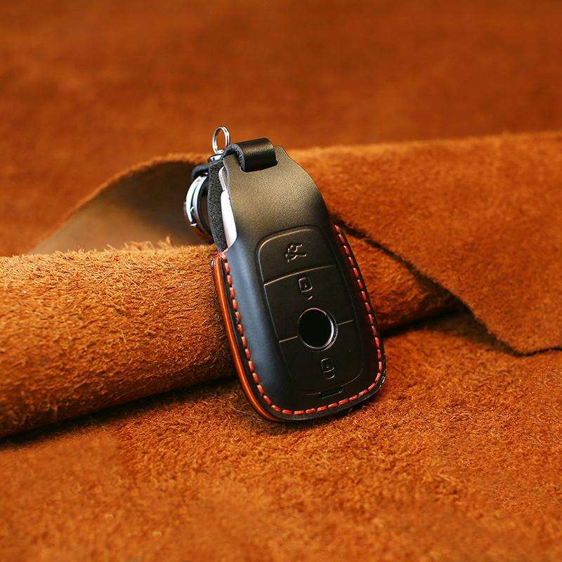 For Mercedes-Benz Colorful Edge Style Car Cowhide Leather Key Protective Cover Key Case (Black)