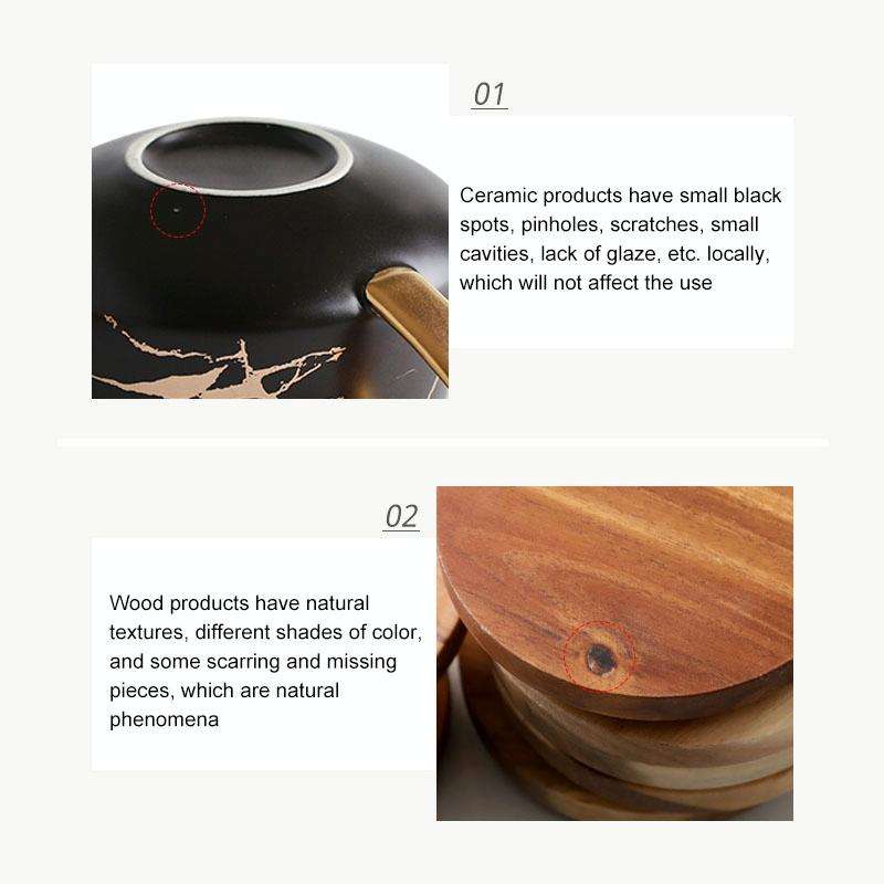 Marble Matte Gold Series Ceramic Tea Cup Coffee Mug With Wooden Lid Or Tray(Black with Tray)