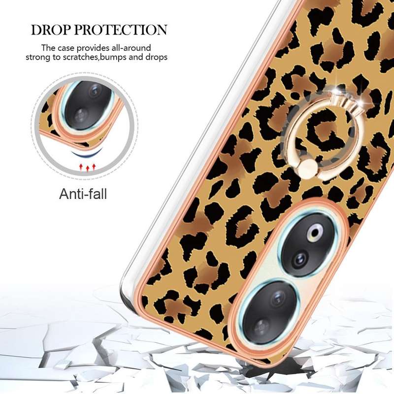 For Honor 90 5G Electroplating Dual-side IMD Phone Case with Ring Holder(Leopard Print)