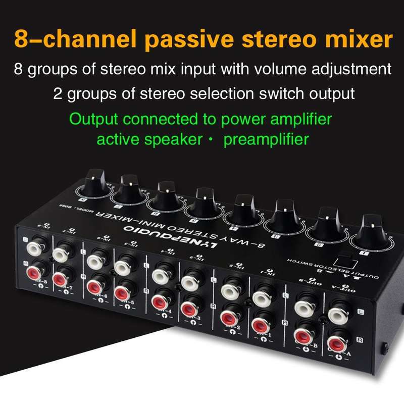B066 Mini Stereo 8 Channel RCA Non Source Sound Passive Mixer, No Power Supply
