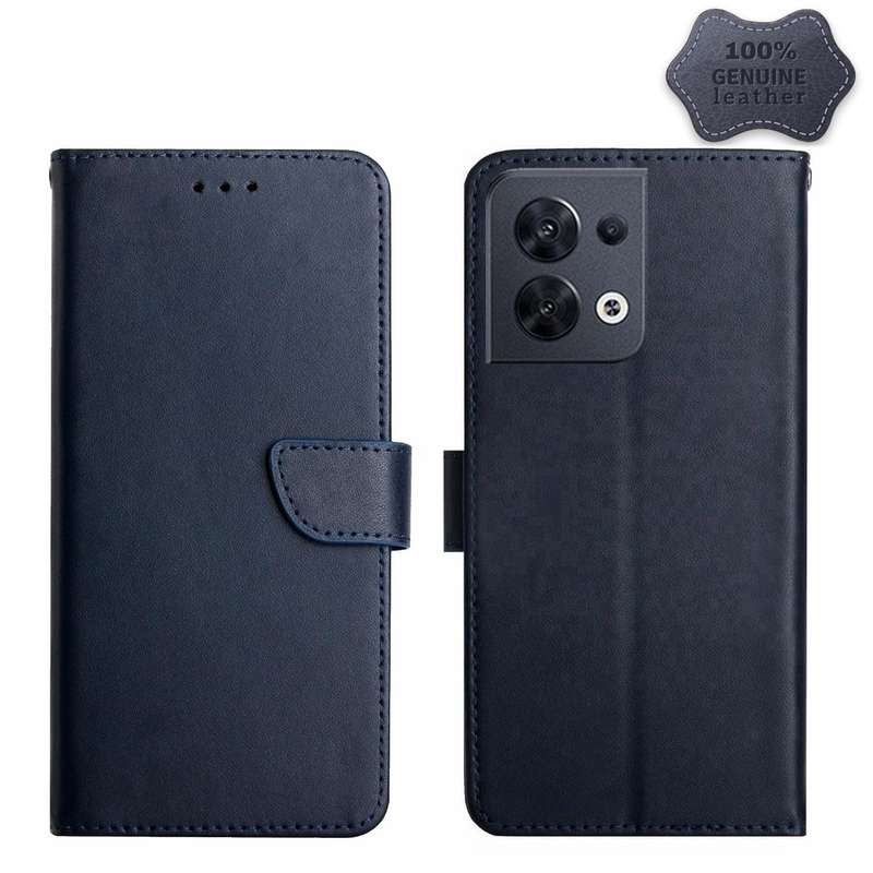 For OPPO Reno8 5G HT02 Genuine Leather Fingerprint-proof Flip Phone Case(Blue)