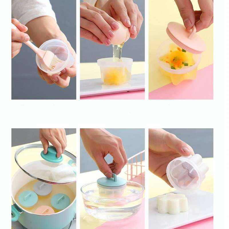 4 in 1 Poached Egg Mold Set Household Poached Egg Egg Cup Egg Steamer with Oil Brush(Grey)