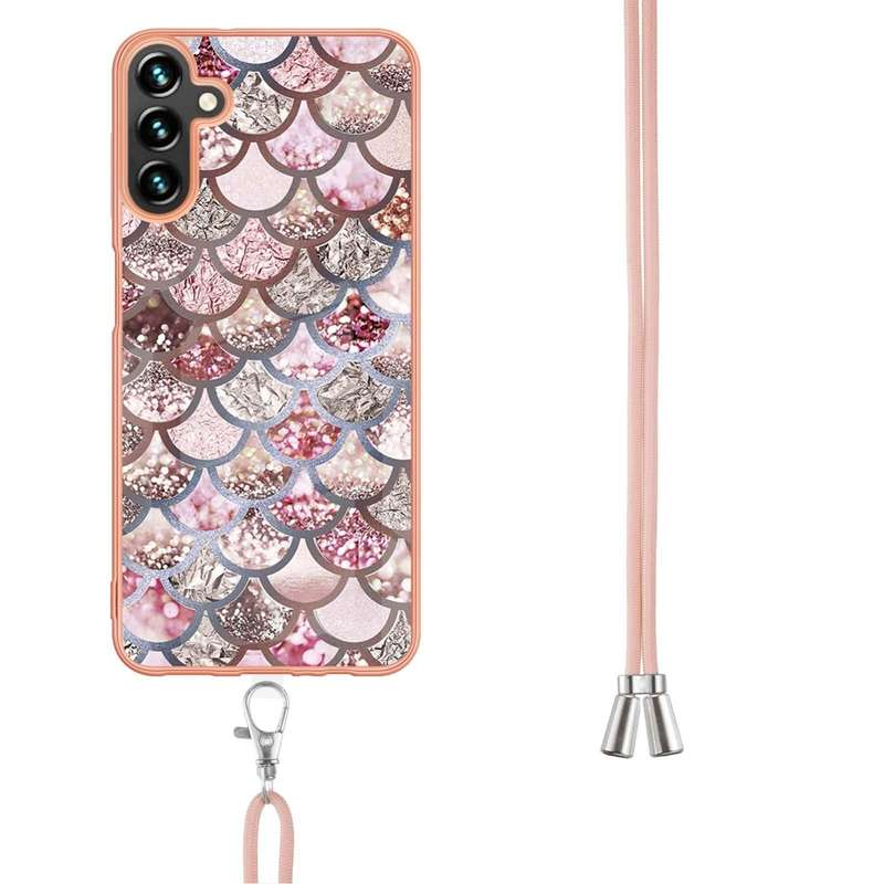 For Samsung Galaxy A34 5G Electroplating IMD TPU Phone Case with Lanyard(Pink Scales)
