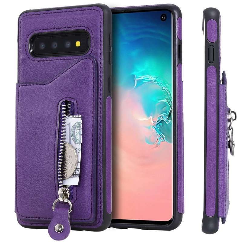 For Galaxy S10 Solid Color Double Buckle Zipper Shockproof Protective Case(Purple)
