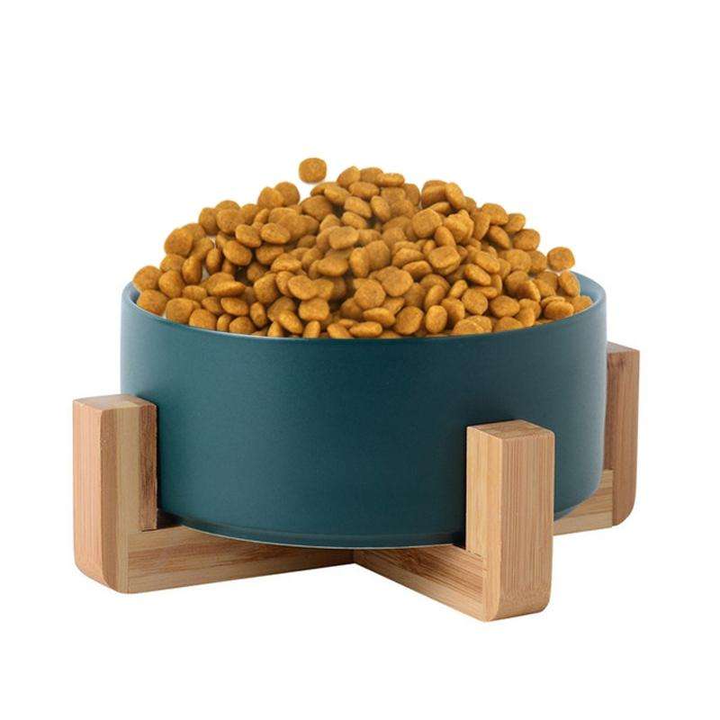 15.5cm/850ml Cat Bowl Dog Pot Pet Ceramic Bowl, Style:Single Bowl With Wooden Stand(Green)