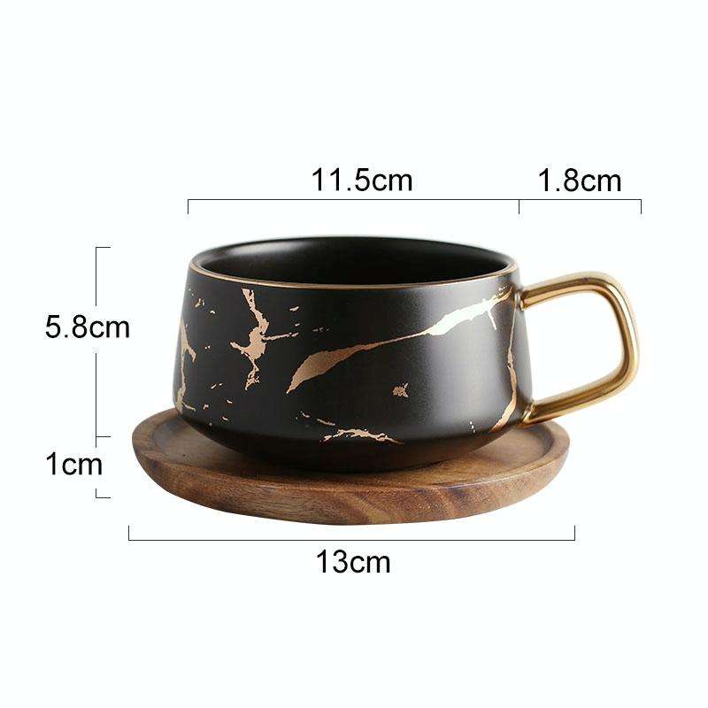 Marble Matte Gold Series Ceramic Tea Cup Coffee Mug With Wooden Lid Or Tray(Black with Tray)