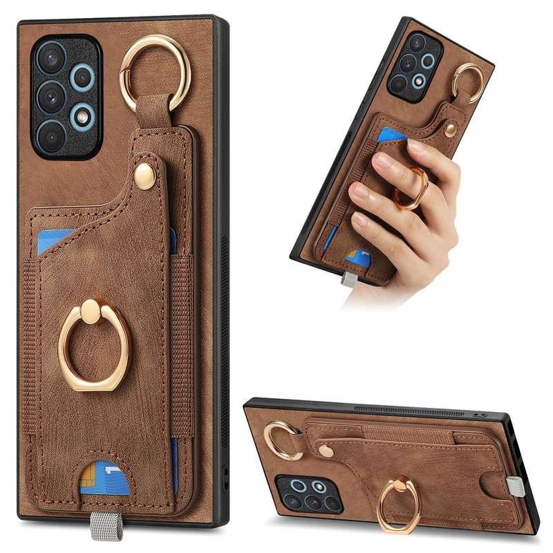 For Samsung Galaxy A53 5G Retro Skin-feel Ring Card Bag Phone Case with Hang Loop(Brown)