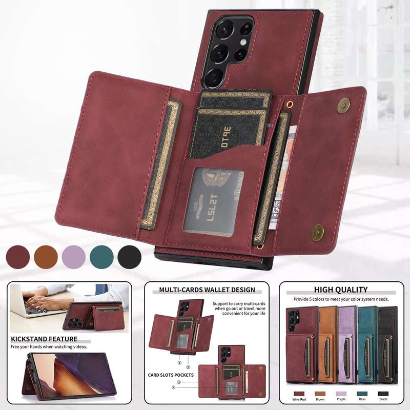 For Samsung Galaxy S22 Ultra Three-fold Leather Phone Case with Card Slot & Wallet & Holder(Wine ...