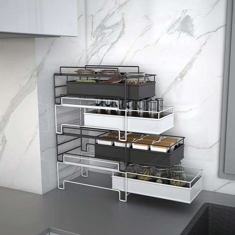 Kitchen Countertop Under Sink Spice Racks Can Be Stacked With Multi-Layer Pull-Out Storage Wrough...