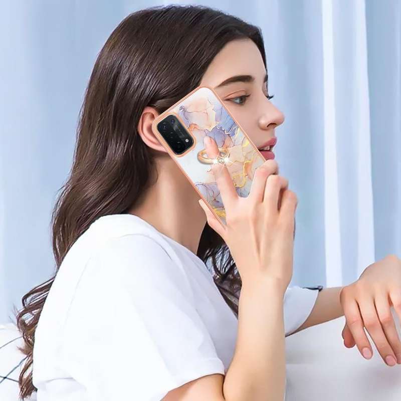 For OPPO A74 5G / A93 5G Electroplating IMD TPU Phone Case with Ring(White Marble)