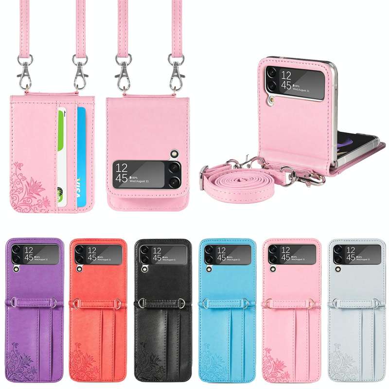 For Samsung Galaxy Z Flip 5G Diagonal Lanyard Embossed Card Phone Case(Pink)