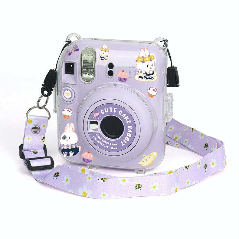 For FUJIFILM instax mini 12 Crystal Hard Acrylic Camera Case with Shoulder Strap(DIY Purple Daisies)