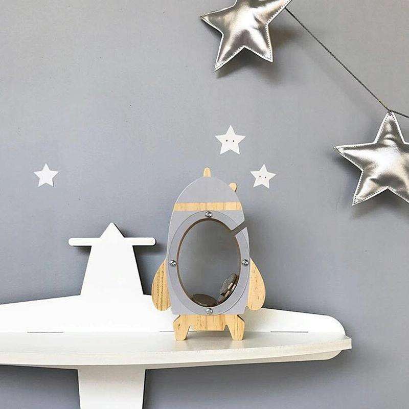 Nordic Wood Rocket Money Box Toys Living Room Decoration Piggy Bank(Black)