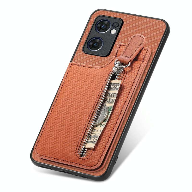 For OPPO Reno7 5G Carbon Fiber Vertical Flip Zipper Phone Case(Brown)