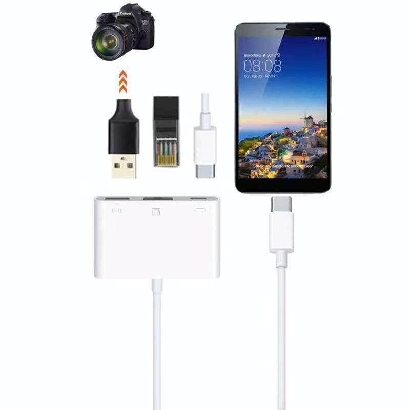 NK-107 TC 3 in 1 USB-C / Type-C Male to USB + Ethernet + Type-C Power Female Adapter