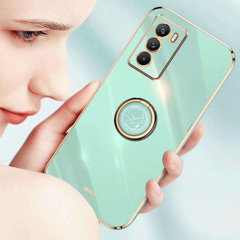For vivo Y33s Global XINLI Straight Edge 6D Electroplate TPU Phone Case with Ring Holder(Cherry P...