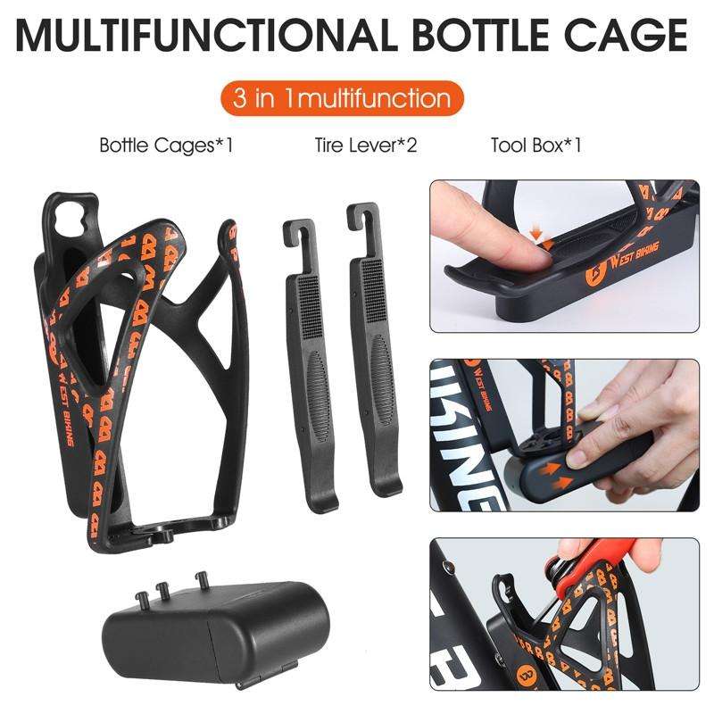 WEST BIKING Bicycle Multifunctional Bottle Cage Tire Lever Tool Box(Black Orange)