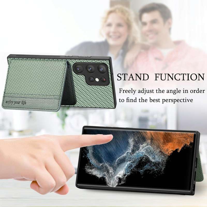 For Samsung Galaxy S22 Ultra 5G Carbon Fiber Magnetic Card Wallet Bag Phone Case(Black)