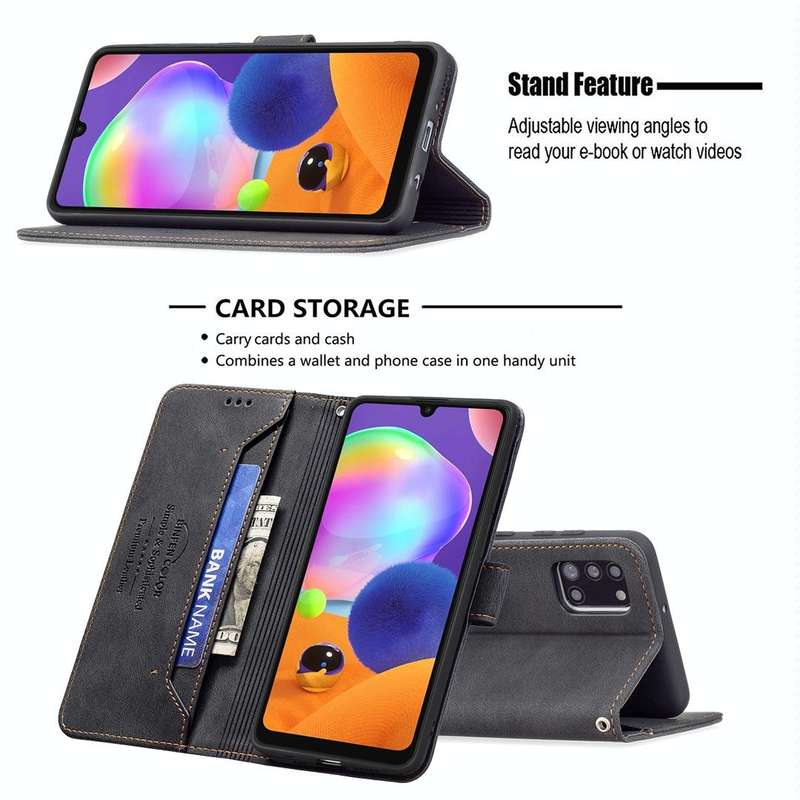 For Samsung Galaxy A31 Magnetic Clasp RFID Blocking Anti-Theft Leather Case with Holder & Card Sl...