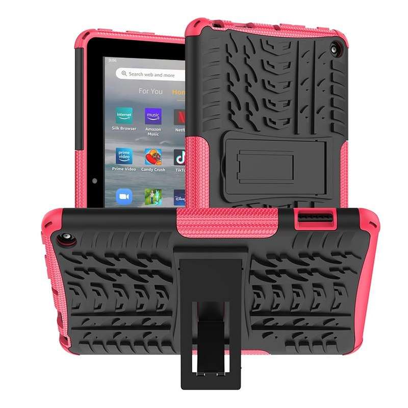 For Amazon Kindle Fire 7 2022 Tire Texture TPU + PC Tablet Case with Holder(Pink)