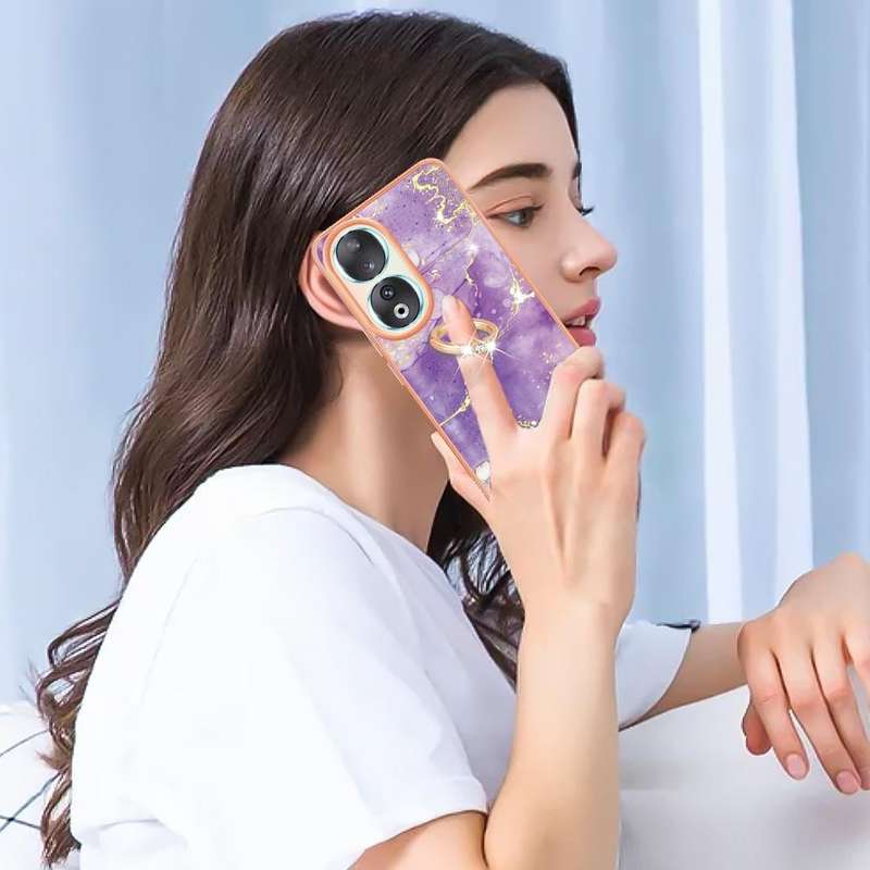 For Honor 90 5G Electroplating Marble IMD TPU Phone Case with Ring Holder(Purple 002)