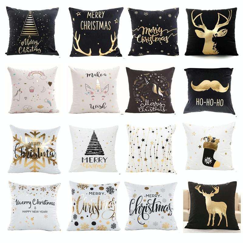 Merry Christmas Pillow Case Gold Foil Printing Pillow Cover Sofa Waist Throw Cushion Cover Coffee...