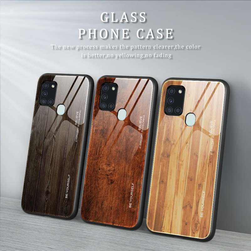 For Samsung Galaxy A21s Wood Grain Glass Protective Case(M02)