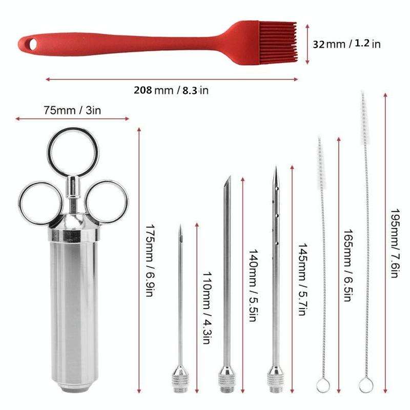 Stainless Steel Seasoning Steak Syringe Turkey Needle Set With Cleaning Silicone Brush(Blue)